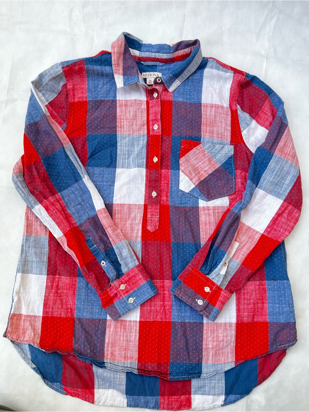 Merona Red, Blue & White Plaid Long-Sleeve Button-Down Shirt 100% Cotton